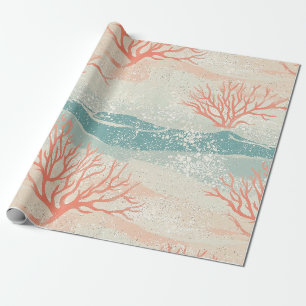 Papel De Presente Aquarela Ondas de Coral e Conchas Costeiras (5)