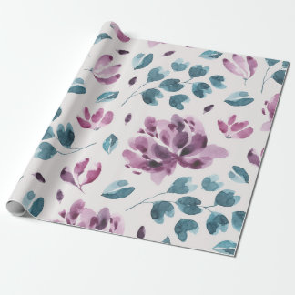 Papel De Presente Aquarela Pastel Peônia Roxa e Botânica em Verde Az