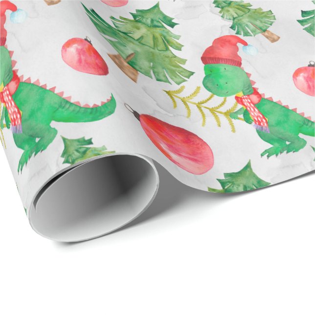 Papel De Presente Aquarela Pequeno Dinossauro Vestido no Natal (Ponta do rolo)