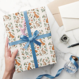 Papel De Presente Aquarela Raposa Coelho Floresta Verde Sálvia