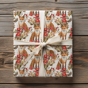 Papel De Presente Aquarela Raposa Flor Silvestre Vermelha Outono da