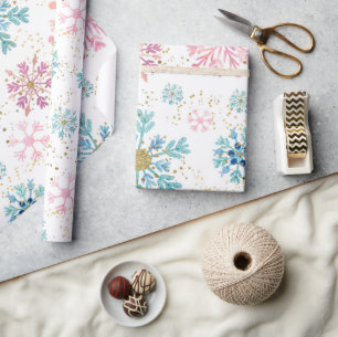 Papel De Presente Aquarela Rosa, Azul e Dourado Flocos de Neve de In
