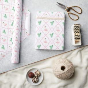 Papel De Presente Aquarela Rosa e Ballerinas de Natal Verde