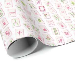 Papel De Presente Aquarela Rosa & Laço Verde Mahjong