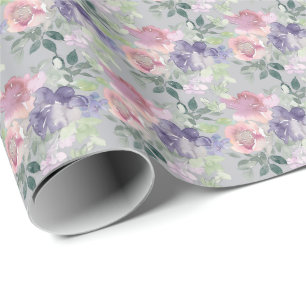Papel De Presente Aquarela Rosa Lavanda Roxo Floral