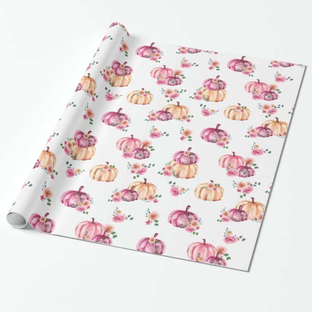 Papel De Presente Aquarela Rosas Florais Rosa Pumpkin (Desenrolado)