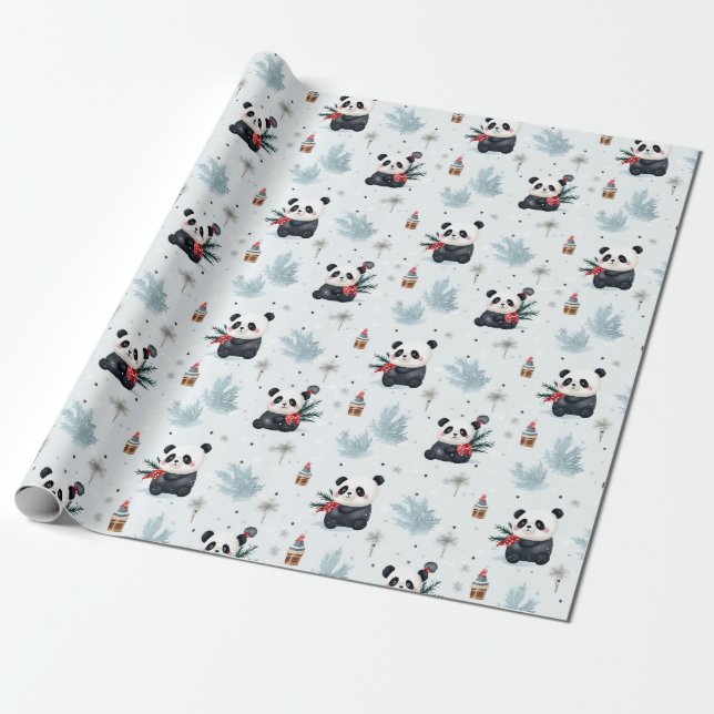 Papel De Presente Aquarelas panda padrão de férias de inverno (Desenrolado)