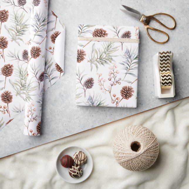 Papel De Presente Aquarelas Pinhas e ramos de frutos com bagas (Artesanato)