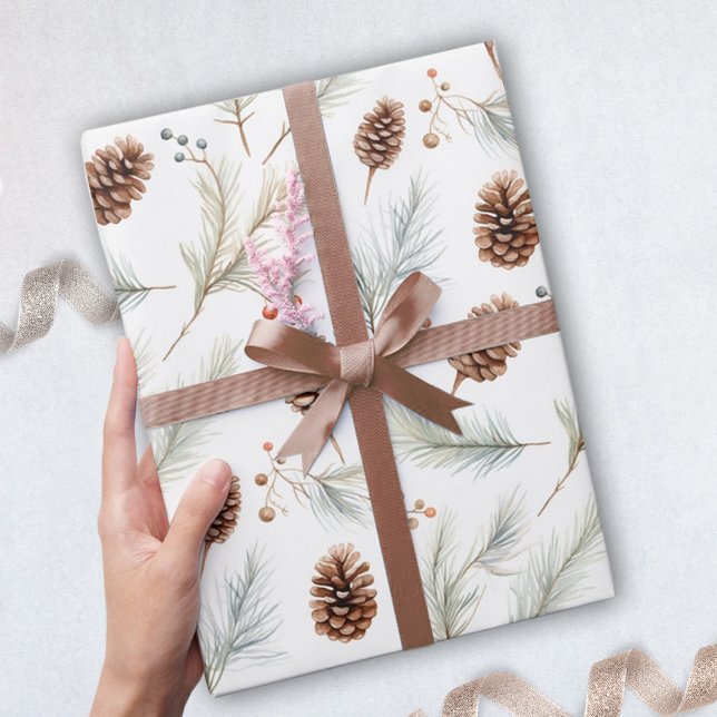 Papel De Presente Aquarelas Pinhas e ramos de frutos com bagas (pine cone gift wrapping paper for christmas)