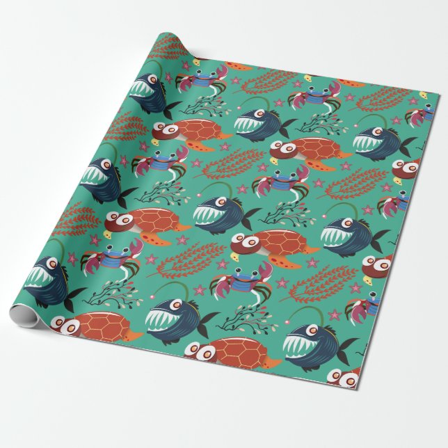 Papel De Presente Aquatic animals pattern | ocean underwater life 33 (Desenrolado)
