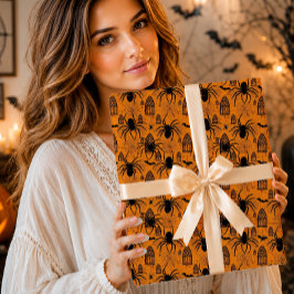 Papel De Presente Aranha Gigante Assustadora Gótica Laranja