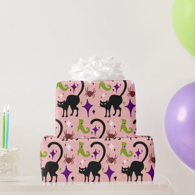 Papel De Presente Aranhas Gatos Pretos Botas de Bruxa em Verde Lima  (Presentes para festas)