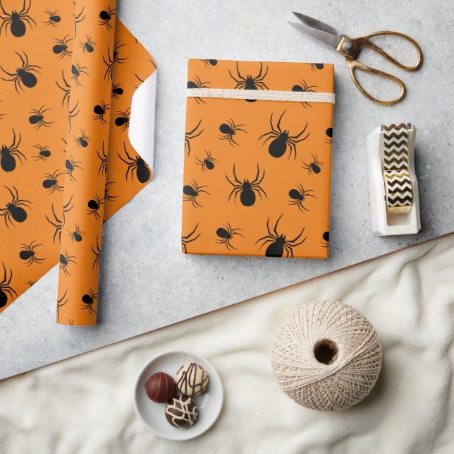 Papel De Presente Aranhas Padrão de Halloween Preto e Laranja (Artesanato)