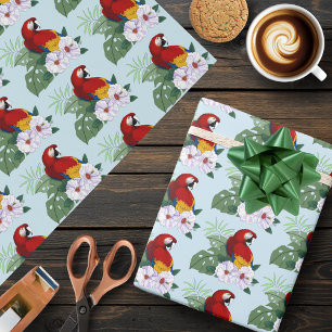 Papel De Presente Arara Vermelha Papagaio Tropical Hibisco Branco Fl