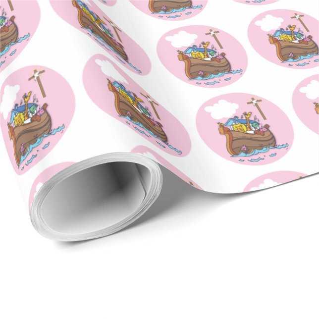 Papel De Presente Arca de Noé Personalizável Batismo de Bebê, Menina (Ponta do rolo)