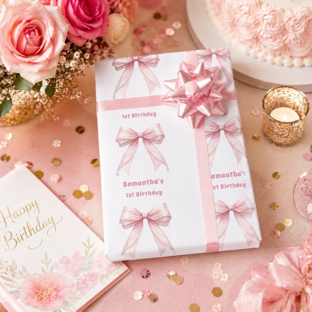 Papel De Presente Arco de aniversário rosa pérolas menina (Criador carregado)