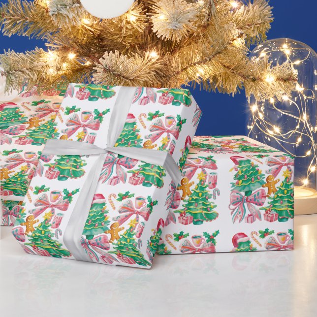 Papel De Presente Arco de Natal Préppy Rosa Azul Coquette (Feriados)