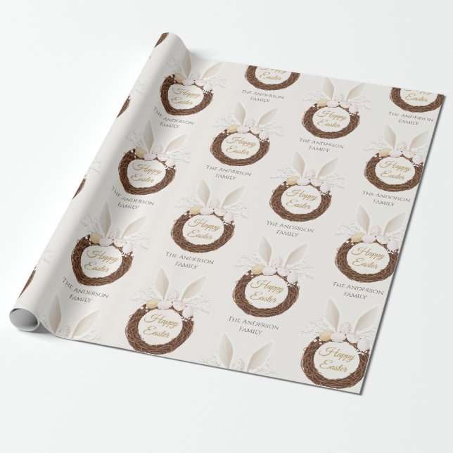 Papel De Presente Arco de Páscoa Boho com Orelhas de Coelho em Marfi (Desenrolado)