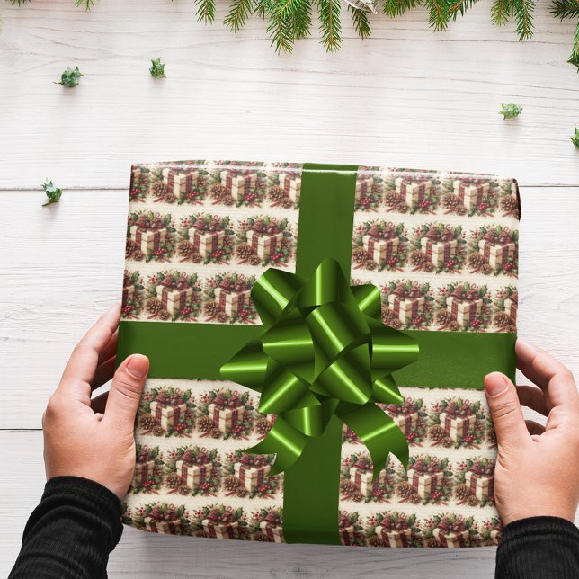 Papel De Presente Arco de Xadrez Rustic Coquette Holly Pinecone Nata (Criador carregado)