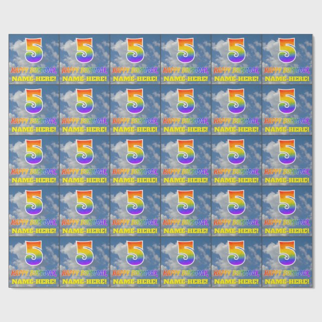 Papel De Presente Arco-Íris "5" e "FELIZ ANIVERSÁRIO", Nuvens, Céu (Aberto)