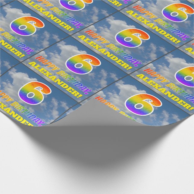 Papel De Presente Arco-Íris "6" e "FELIZ ANIVERSÁRIO", Nuvens, Céu (Ponta)