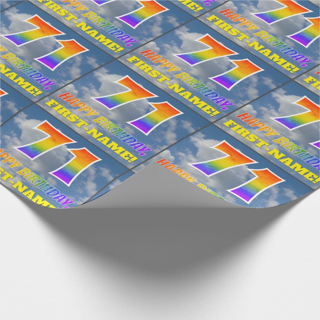 Papel De Presente Arco-Íris "71" e "FELIZ ANIVERSÁRIO", Nuvens, Céu (Ponta)