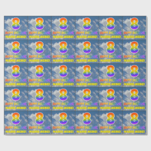 Papel De Presente Arco-Íris "8" e "FELIZ ANIVERSÁRIO", Nuvens, Céu