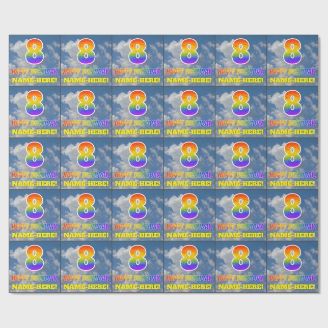 Papel De Presente Arco-Íris "8" e "FELIZ ANIVERSÁRIO", Nuvens, Céu (Aberto)