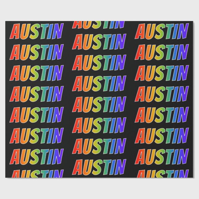 Papel De Presente Arco-Íris Nome "AUSTIN"; Divertido e Colorido (Aberto)