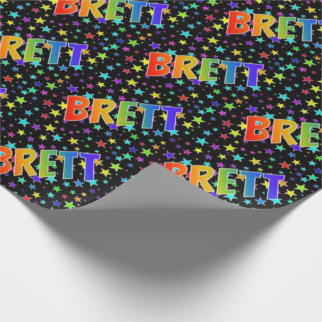 Papel De Presente Arco-Íris Nome "BRETT" + Estrelas (Ponta)