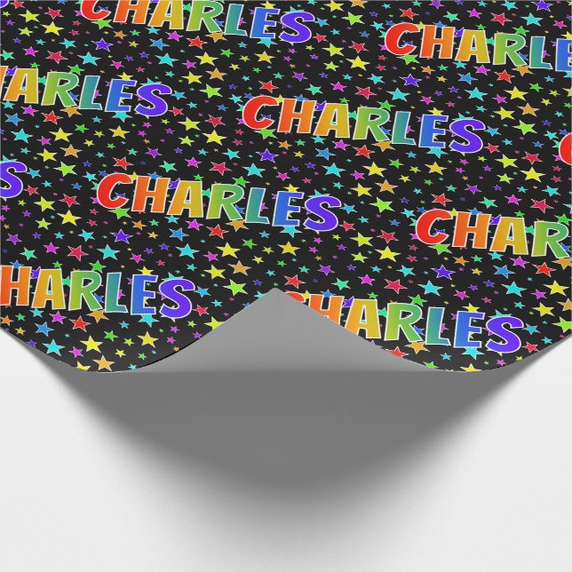 Papel De Presente Arco-Íris Nome "CHARLES" + Estrelas (Ponta)
