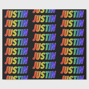 Papel De Presente Arco-Íris Nome "JUSTIN"; Divertido e Colorido