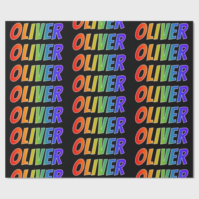 Papel De Presente Arco-Íris Nome "OLIVER"; Divertido e Colorido (Aberto)