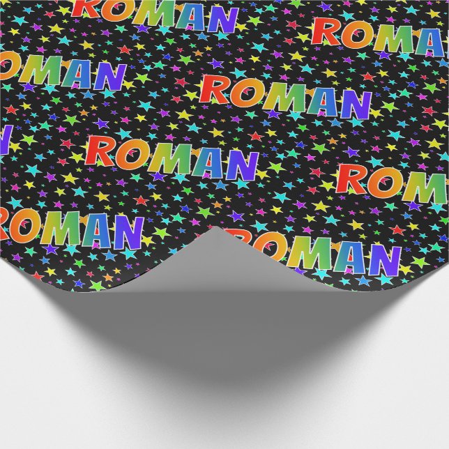 Papel De Presente Arco-Íris Nome "ROMAN" + Estrelas (Ponta)