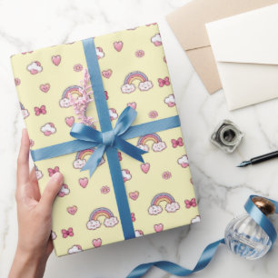 Papel De Presente Arco-íris Pastel Sonhador – Nuvens, Corações, Flor