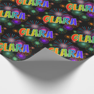 Papel De Presente Arco-íris Primeiro Nome "CLARA" + Fogos de Artifíc