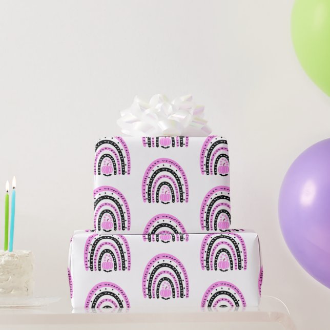 Papel De Presente Arco-íris Rosa e Preto Morcegos Branco Halloween (Presentes para festas)