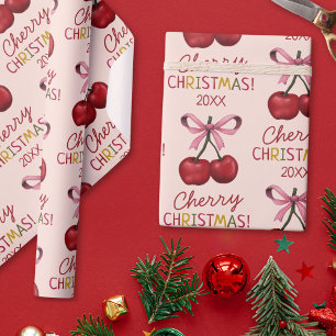 Papel De Presente Arco rosa-claro e padrão de natal de cereja vermel