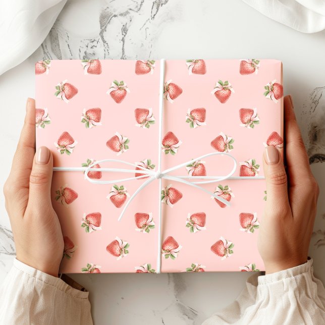Papel De Presente Arco rosa Coquette de Padrão de Morango (Criador carregado)