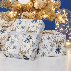 Papel De Presente Arcos Azuis Veado Natal Flocos de Neve