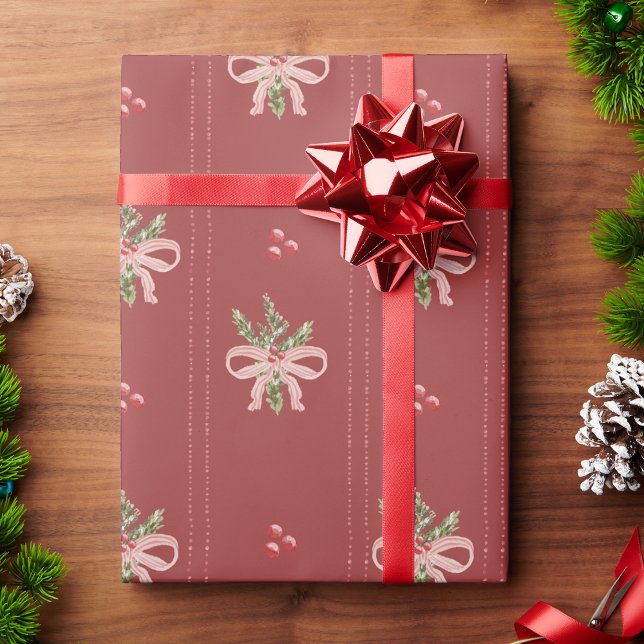 Papel De Presente Arcos Botânicos Vermelho Rústico Natal (Rustic Red Botanical Bows Christmas Wrapping Paper | Vintage Holiday Elegance by Painted Paperie)