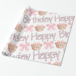 Papel De Presente Arcos Coquette e Urso de Teddy - Feliz Aniversário
