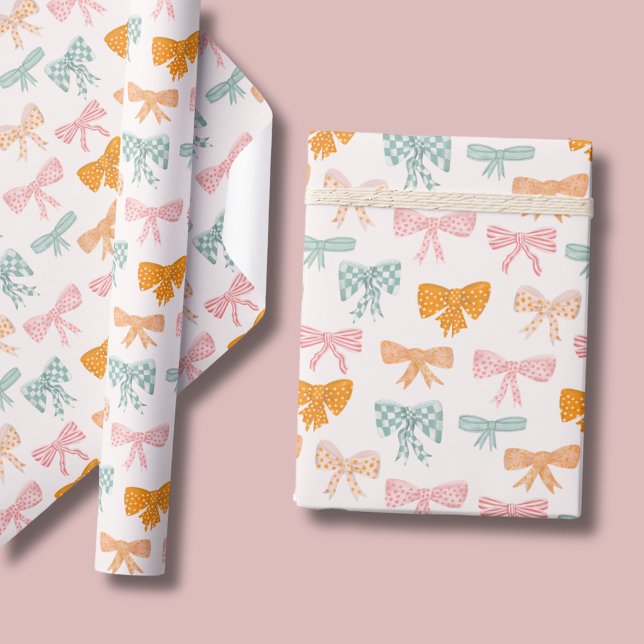 Papel De Presente Arcos cor-de-rosa coquetéis (Cute pastel coquette bow wrapping paper. Each bow features a difference pattern.)