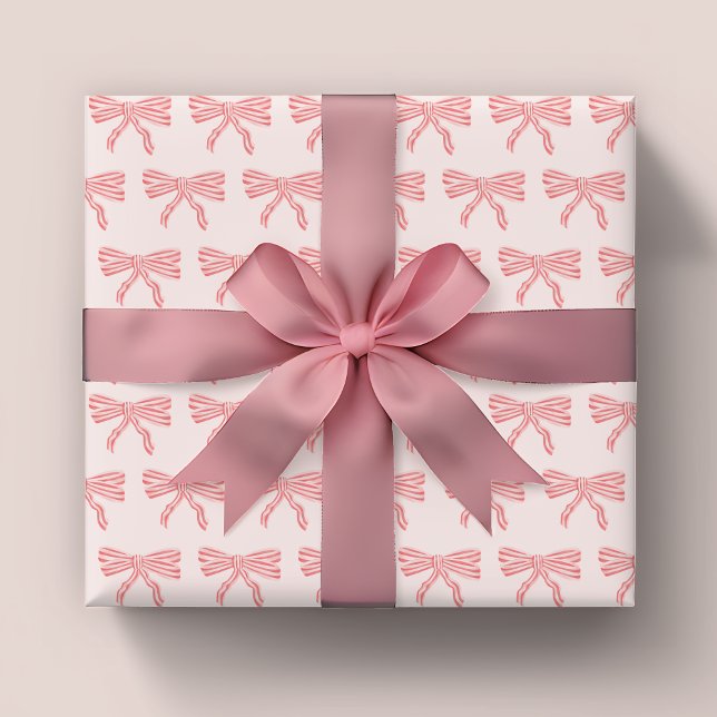 Papel De Presente Arcos cor-de-rosa-rosado e riscas vermelhas (Cute pink stripe coquette bow wrapping paper)