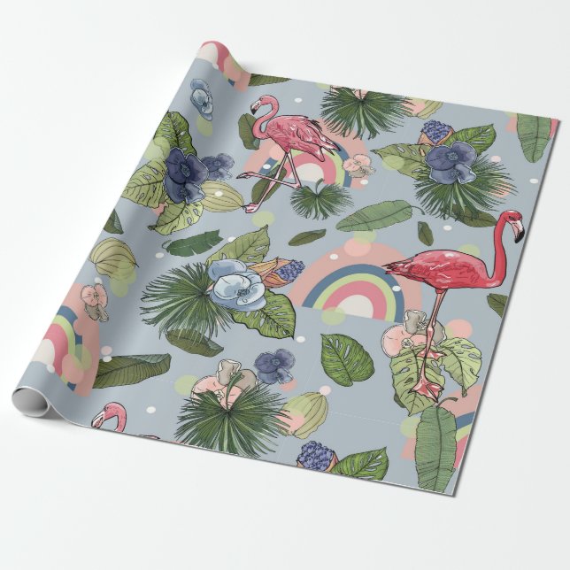 Papel De Presente Arcos-da-chuva e flamingos rosados em folhas tropi (Desenrolado)