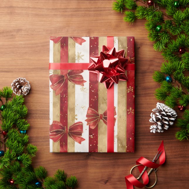 Papel De Presente Arcos de Natal em Ouro Vermelho  (Presente de Natal)