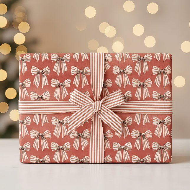 Papel De Presente Arcos de Natal Listras Brancas Vermelhas (Red white stripes bows Christmas wrapping paper roll)