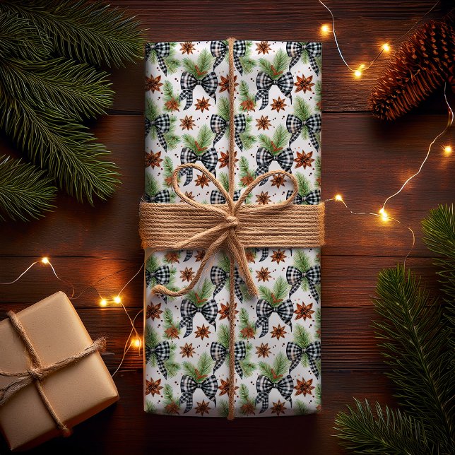 Papel De Presente Arcos de verificação de Gingham Preto e Feriado Na (Christmas Holiday Black White Gingham Checks Bows | Pine Evergreens and Star Anise Wrapping Paper)