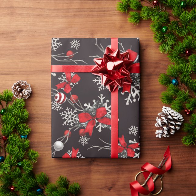 Papel De Presente Arcos vermelhos e brancos Ornamentos Flocos de nev (Presente de Natal)