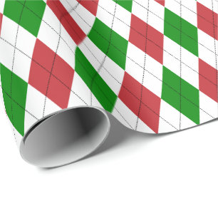 Papel De Presente Argyle vermelho escuro, verde e branco grande